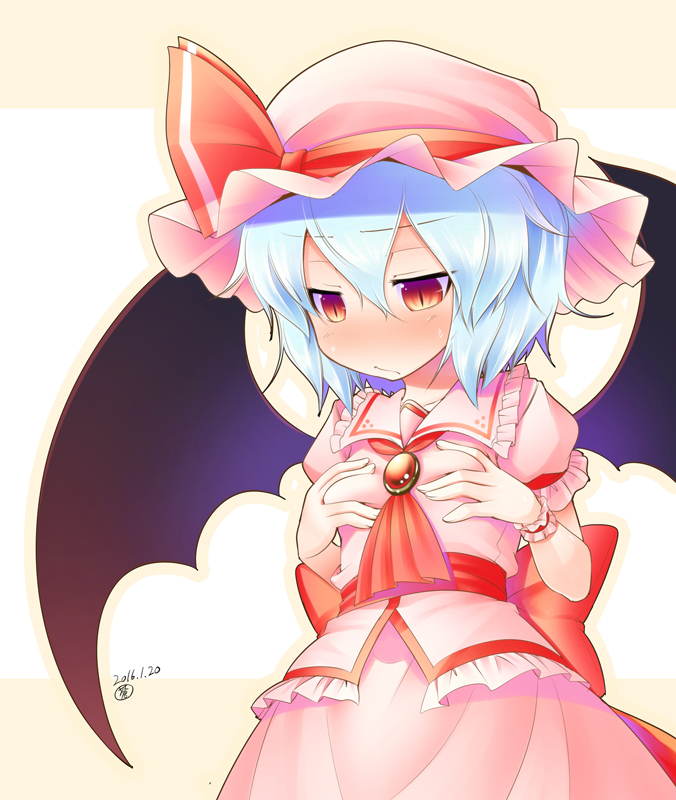 1girl :&lt; aozora_market bat_wings blue_hair blush bow brooch hands_to_own_chest hat hat_bow jewelry red_eyes remilia_scarlet short_hair solo touhou wings