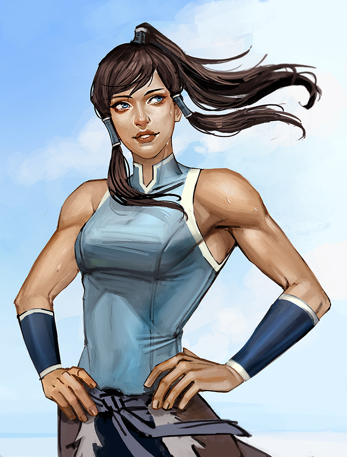 1girl avatar:_the_last_airbender blue_eyes blue_sky brown_hair clouds hair_tubes hands_on_hips high_ponytail mistermagnolia sky smile solo sweat the_legend_of_korra toned twintails upper_body wristband