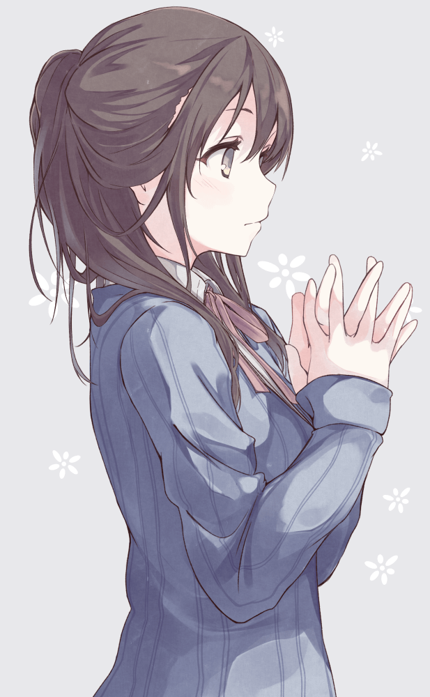 1girl blush brown_hair expressionless grey_background grey_eyes hair_over_shoulder hands_clasped hiwatari_rin long_hair neck_ribbon original profile ribbon sidelocks simple_background solo sweater tied_hair upper_body