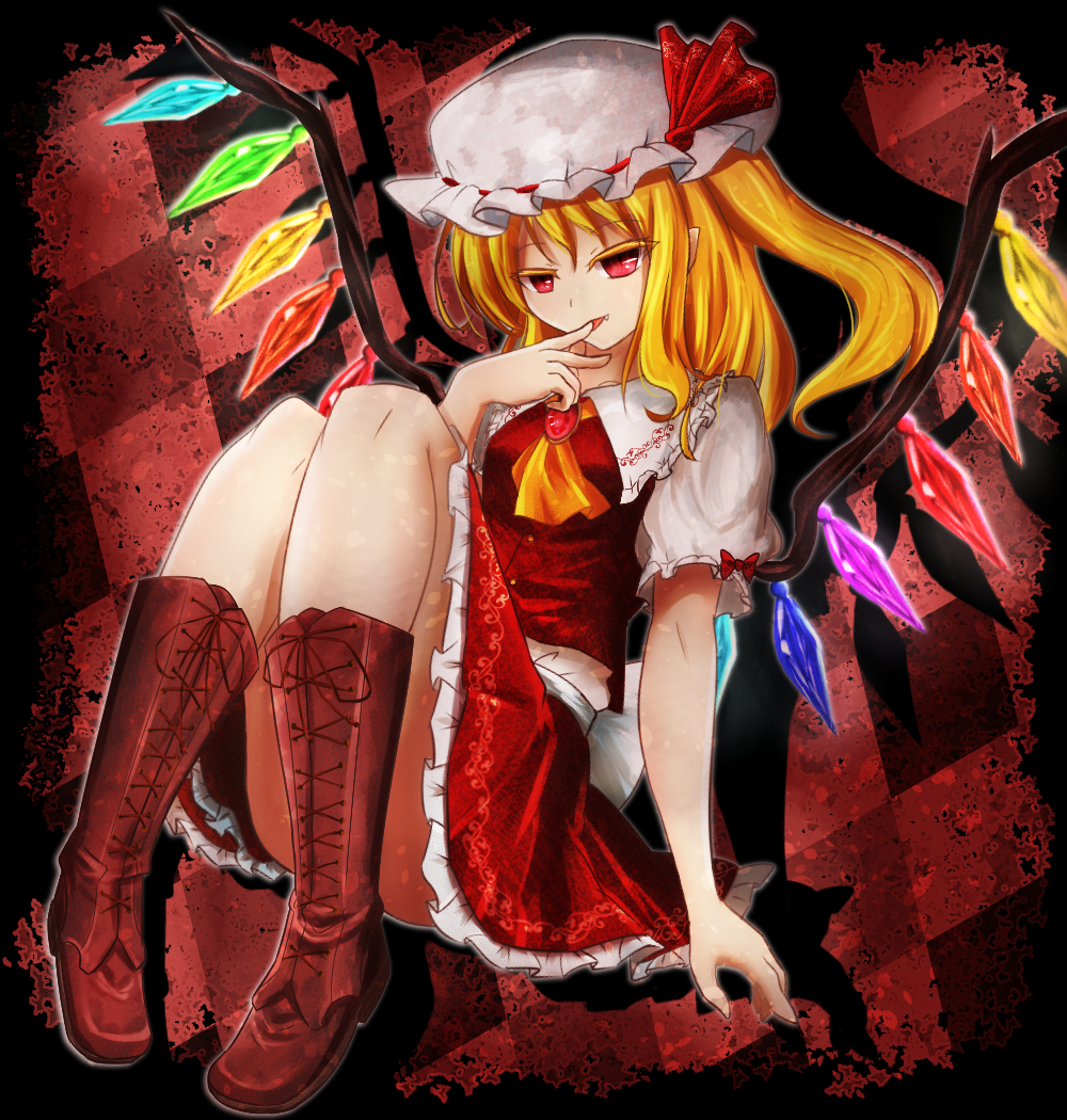 1girl :p artist_request blonde_hair boots bow brooch collar colored_eyelashes convenient_censoring cravat cross-laced_footwear crystal demon_wings fang fang_out finger_licking flandre_scarlet frilled_hat frills gem hair_ribbon half-closed_eyes hat jewelry knee_boots knees_together_feet_apart licking looking_at_viewer mob_cap pigeon-toed puffy_short_sleeves puffy_sleeves red_bow red_eyes red_ribbon red_skirt red_vest ribbon ruby_(stone) shirt shoelaces short_sleeves skirt solo thighs tongue tongue_out tooth touhou vampire vest white_hat white_shirt wings