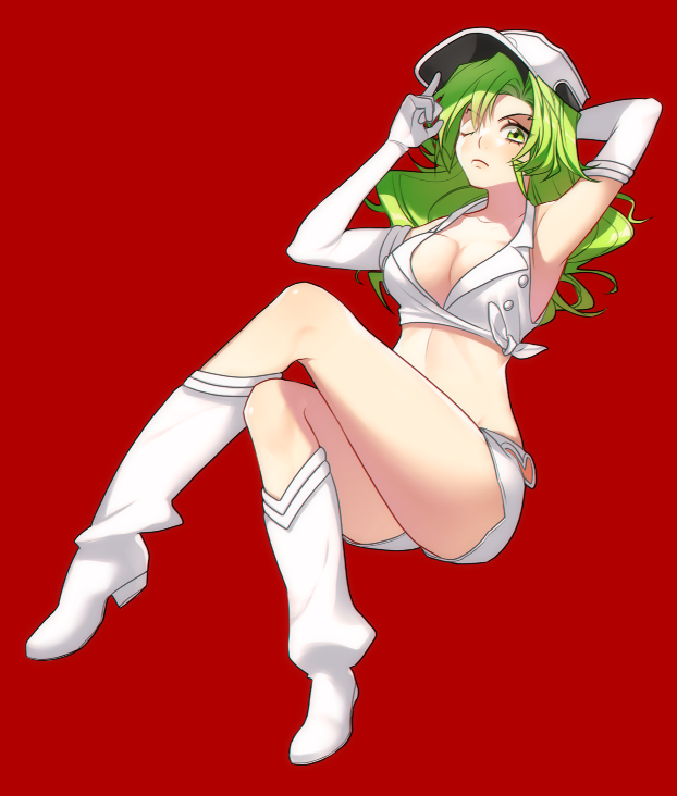 1girl bleach boots breasts candice_catnipp center_opening cleavage gloves green_eyes green_hair hat long_hair one_eye_closed red_background simple_background sitting solo yaka_(kk1177)