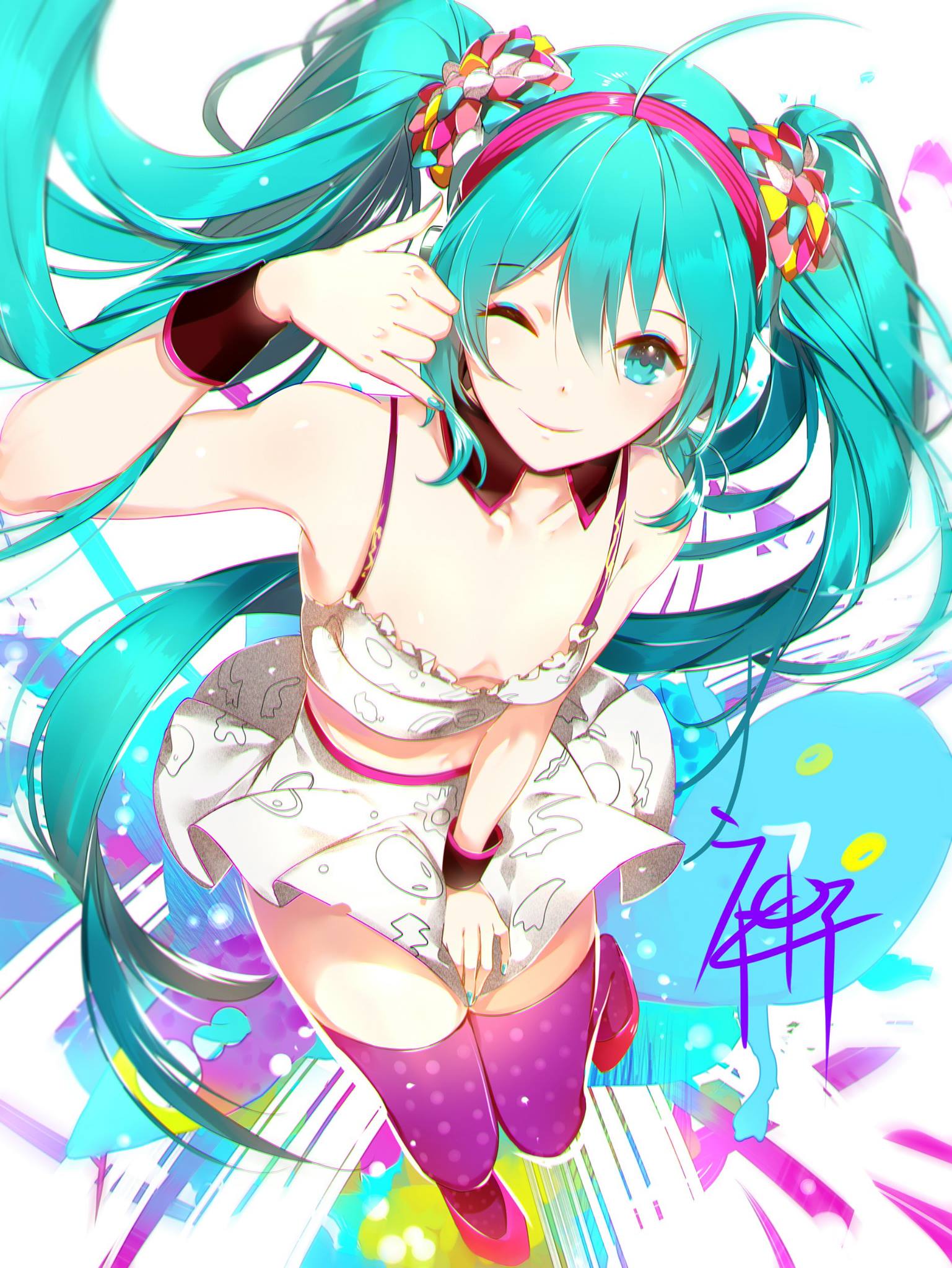 1girl ahoge aqua_eyes aqua_hair bare_arms breasts cleavage detached_collar hairband hatsune_miku highres long_hair looking_at_viewer one_eye_closed phino re:dial_(vocaloid) skirt smile solo spaghetti_strap thigh-highs twintails very_long_hair vocaloid wristband zettai_ryouiki