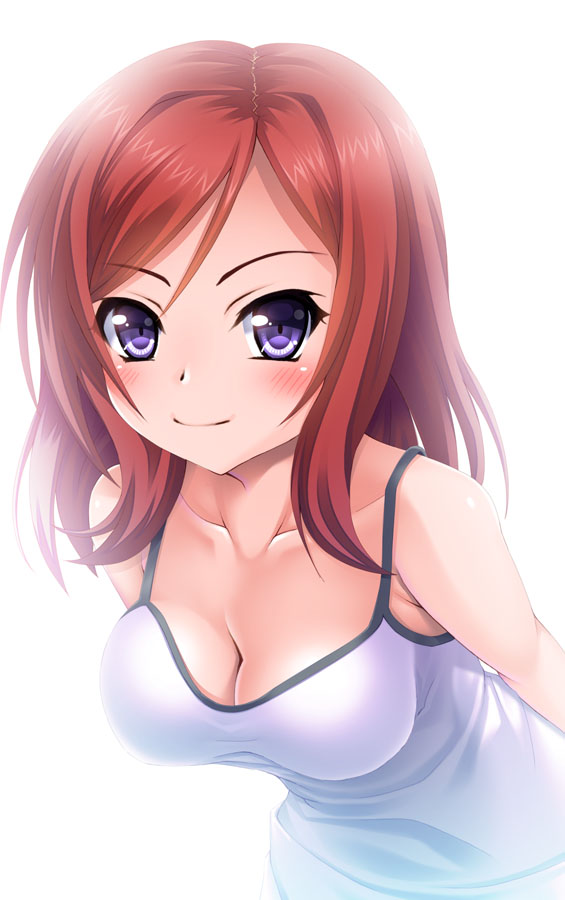 1girl bangs blush breasts camisole cleavage closed_mouth collarbone leaning_forward looking_at_viewer love_live!_school_idol_project nishikino_maki noshimasa redhead simple_background smile solo swept_bangs upper_body violet_eyes white_background