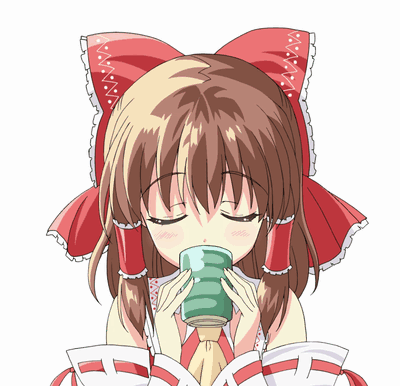 1girl animated animated_gif ascot bow brown_eyes brown_hair closed_eyes cup detached_sleeves drinking hair_bow hair_tubes hakurei_reimu japanese_clothes looking_at_viewer lowres miko solo teacup touhou wide_sleeves yunomi