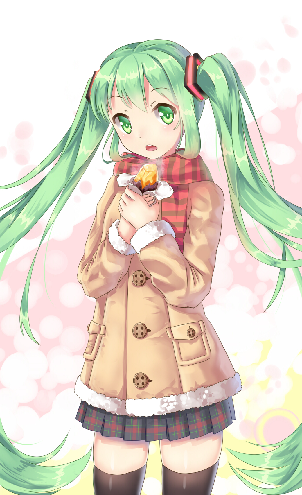 1girl coat cowboy_shot green_eyes green_hair hatsune_miku highres long_hair looking_at_viewer open_mouth scarf skirt solo thigh-highs twintails very_long_hair vocaloid yakiimo