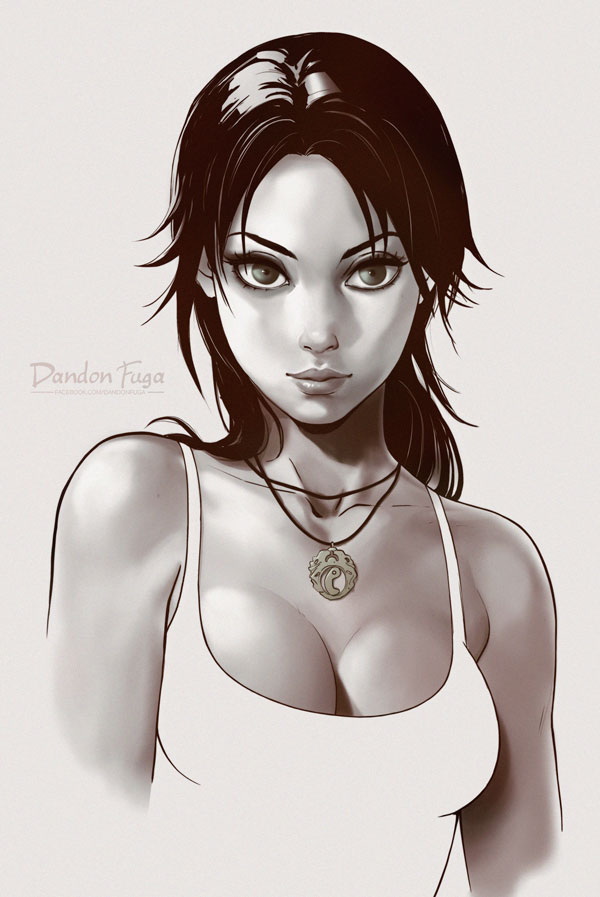 &gt;:) 1girl artist_name bare_shoulders breasts cleavage collarbone dandon_fuga green_eyes grey_background jewelry lara_croft lips long_hair looking_at_viewer monochrome necklace pendant shirt simple_background sleeveless sleeveless_shirt smile solo spot_color tank_top tomb_raider tsurime upper_body watermark web_address