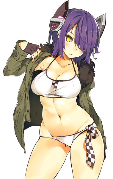 1girl arm_behind_back bikini black_gloves breasts checkered_necktie cleavage eyepatch fingerless_gloves fur_collar gloves hair_over_one_eye headgear jacket jacket_over_swimsuit kantai_collection navel necktie open_clothes open_jacket purple_hair shimeji_(4_me_ji) short_hair solo swimsuit tenryuu_(kantai_collection) white_bikini white_swimsuit yellow_eyes