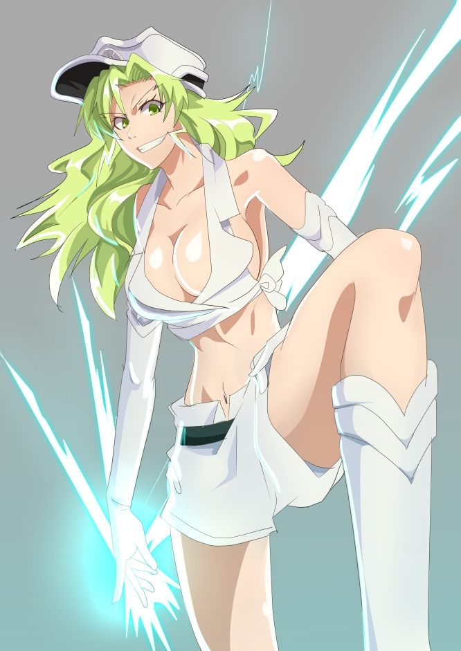 1girl bleach boots breasts candice_catnipp center_opening cleavage electricity gloves green_eyes green_hair grey_background hat large_breasts long_hair namakemono_(u446644k) simple_background solo