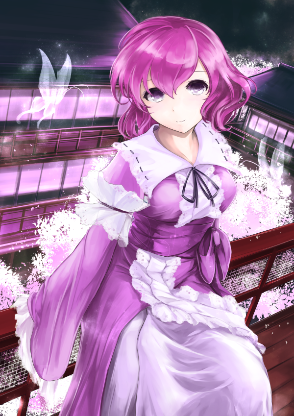 1girl architecture arm_garter butterfly cherry_blossoms east_asian_architecture hands_in_sleeves japanese_clothes kimono kz_nagomiya lavender_hair light_smile looking_at_viewer no_hat obi railing saigyouji_yuyuko sash sitting_on_railing solo touhou violet_eyes