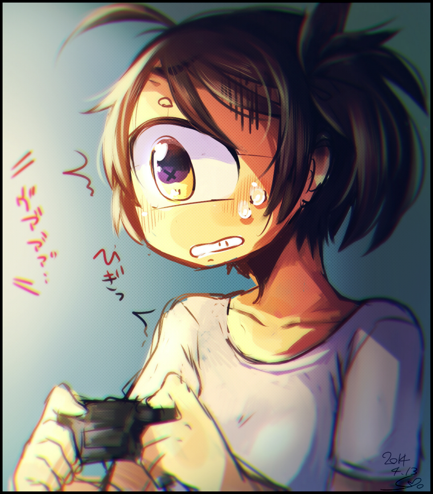 +_+ /\/\/\ blurry blush brown_eyes brown_hair chromatic_aberration clenched_teeth collarbone controller cyclops depth_of_field dithered_background dithering frame joystick messy_hair muroku_(aimichiyo0526) one-eyed original playing_games shirt sketch sweat t-shirt teeth