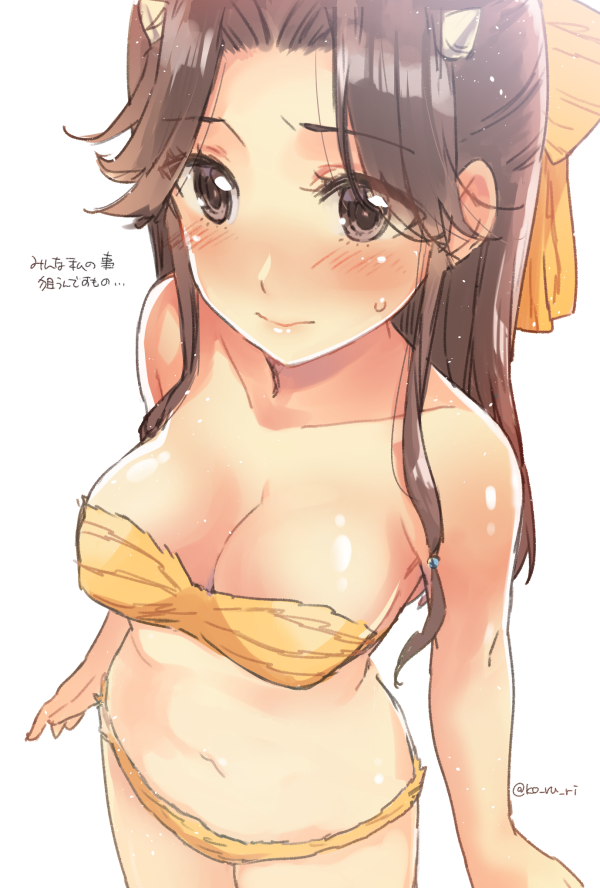 1girl bare_shoulders bikini blush breasts brown_eyes brown_hair collarbone hair_intakes hair_ribbon half_updo horns jintsuu_(kantai_collection) kantai_collection ko_ru_ri large_breasts long_hair navel oni_horns ribbon simple_background solo sweatdrop swimsuit tiger_print translation_request twitter_username white_background