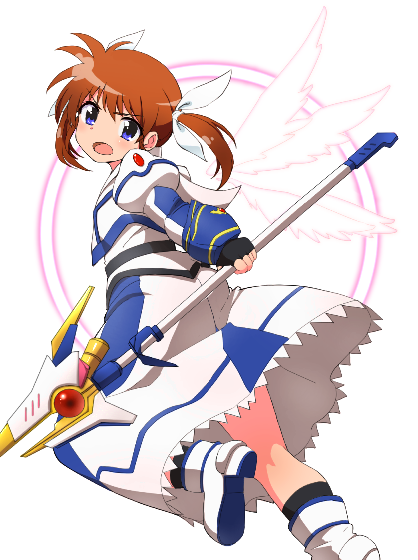 1girl angry armor brown_hair fingerless_gloves from_behind from_below gloves hair_ribbon lyrical_nanoha magic_circle magical_girl mahou_shoujo_lyrical_nanoha marukakisuto open_mouth polearm raising_heart ribbon solo spear staff takamachi_nanoha twintails violet_eyes weapon white_background white_ribbon wings