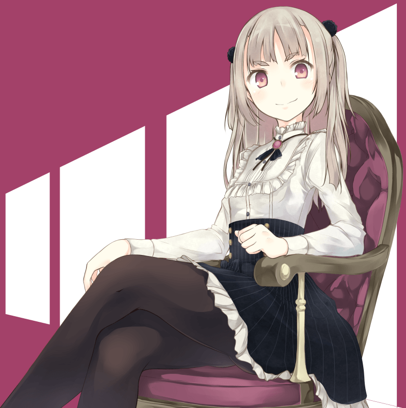 1girl albino black_legwear black_skirt blush brooch buttons chair crossed_legs frilled_skirt frills hair_bobbles hair_ornament hiwatari_rin jewelry long_sleeves looking_at_viewer original pantyhose pinstripe_pattern pom_pom_(clothes) red_eyes simple_background sitting skirt smirk solo two_side_up white_hair