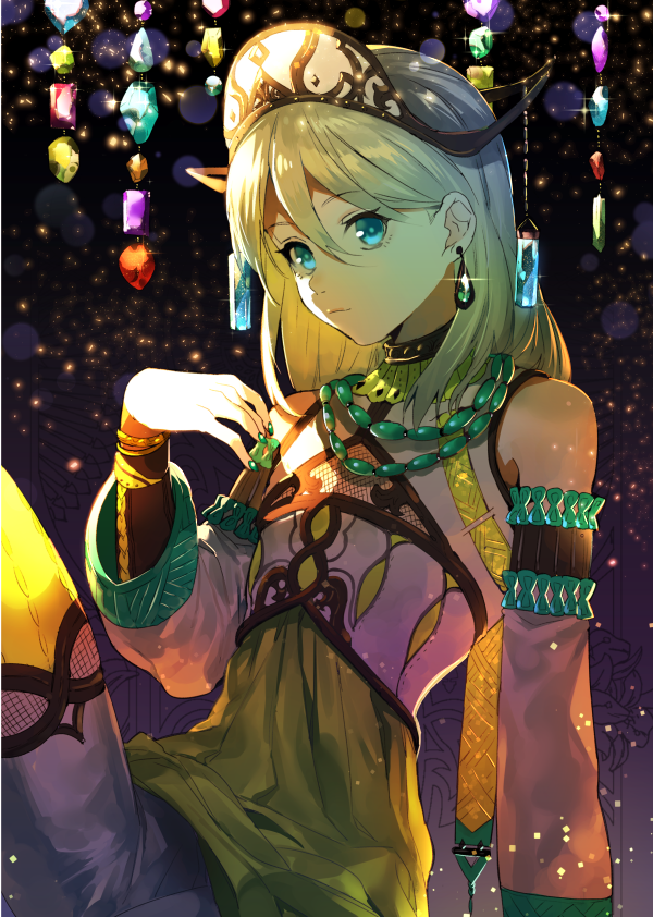 1girl blonde_hair blue_eyes detached_sleeves earrings erubo gem hair_ornament jewelry long_hair nail_polish necklace original solo