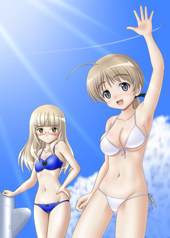 bikini blonde_hair blue_eyes blush braid breasts brown_hair glasses long_hair lynette_bishop multiple_girls mushoku_no_hourousha perrine_h_clostermann single_braid sky strike_witches striker_unit striker_units swimsuit yellow_eyes