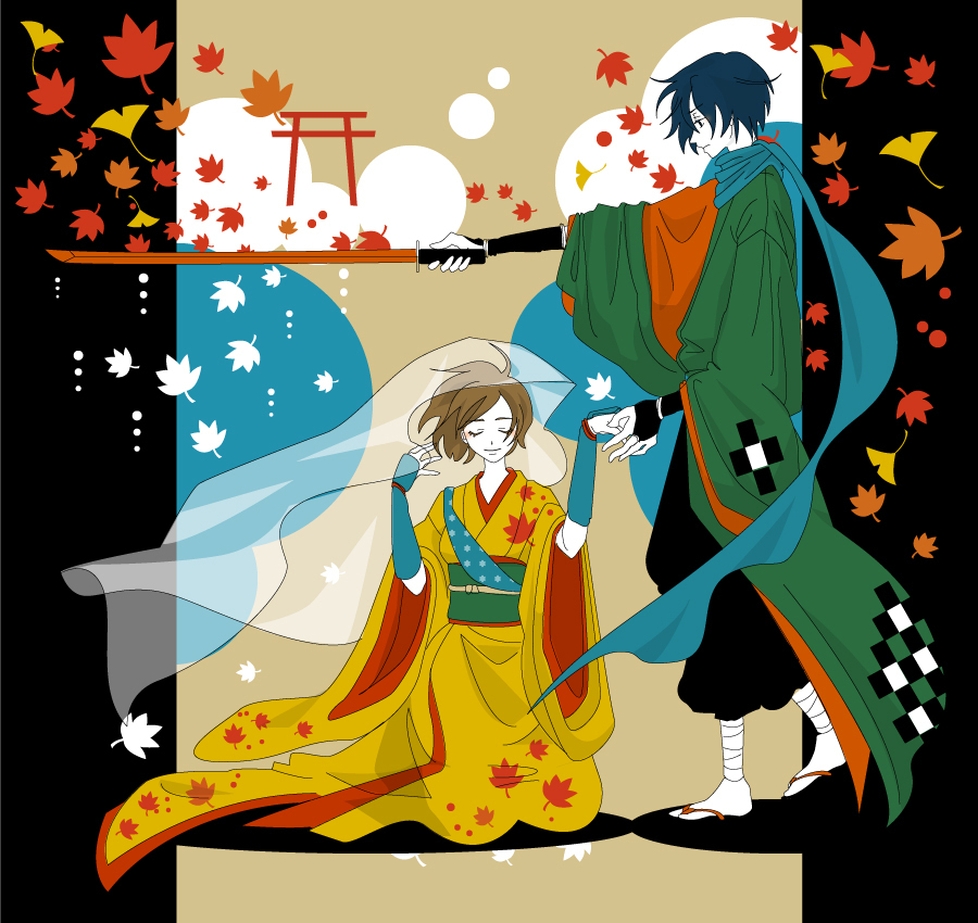 1girl autumn blue_hair brown_hair closed_eyes couple gauntlets haruichi_(haru123) haruichi_(pixiv738382) japanese_clothes kaito katana kimono leaf male meiko scarf short_hair sword torii tsugai_kogarashi_(vocaloid) vocaloid weapon white_skin