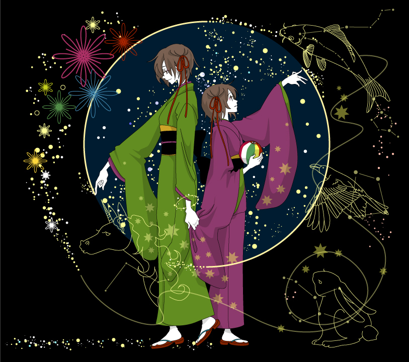 animal ball bird brown_hair bunny dual_persona fish flower hair_ornament haruichi_(haru123) haruichi_(pixiv738382) japanese_clothes kimono meiko multiple_girls rabbit ribbon sakine_meiko short_hair star star_dust unicorn vocaloid zodiac