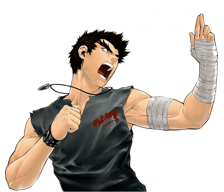 angry bandage bandages black_hair bracelet brown_hair clenched_hand fighting_stance gangryong_ma jewelry kim_dong-hoon male necklace open_mouth simple_background sleeveless solo torn_clothes veritas