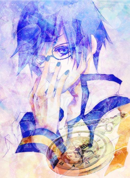 adjusting_glasses blue_eyes blue_hair glasses kaito kanade kisaragi_kanade male nail_polish pocket_watch short_hair solo vocaloid watch