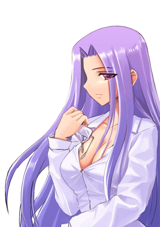 cleavage fate/stay_night fate_(series) glasses holding holding_glasses large_breasts long_hair namonashi purple_eyes purple_hair rider simple_background smile unbuttoned very_long_hair violet_eyes