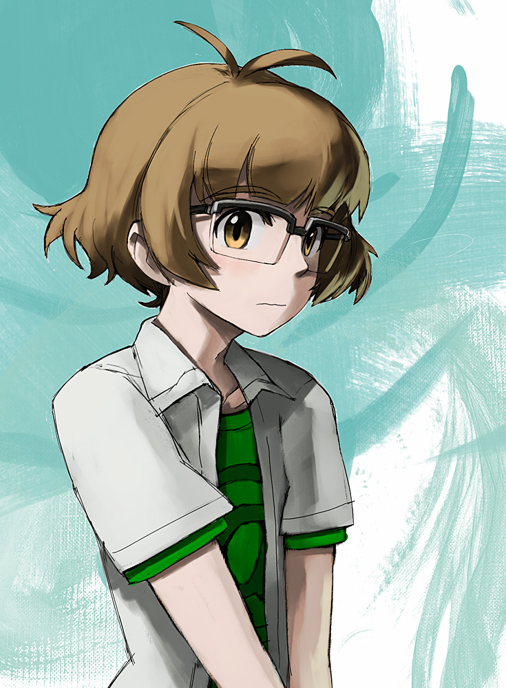 akizuki_ryou androgynous antenna antenna_hair brown_eyes brown_hair glasses hirosato idolmaster male solo