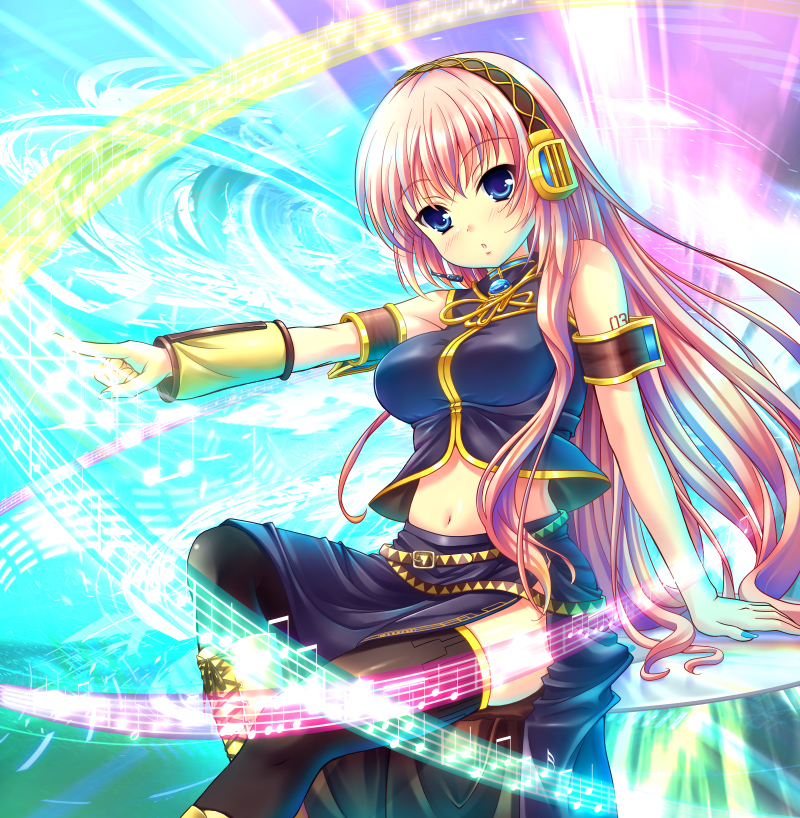 :o armband belt black_legwear black_thighhighs blue_eyes blush colorful cute girl hairband headphones long_hair megurine_luka midriff musical_note musical_notes nail_polish navel pink_hair pointing sitting skirt solo thigh-highs thighhighs uehara_yukihiko very_long_hair vocaloid