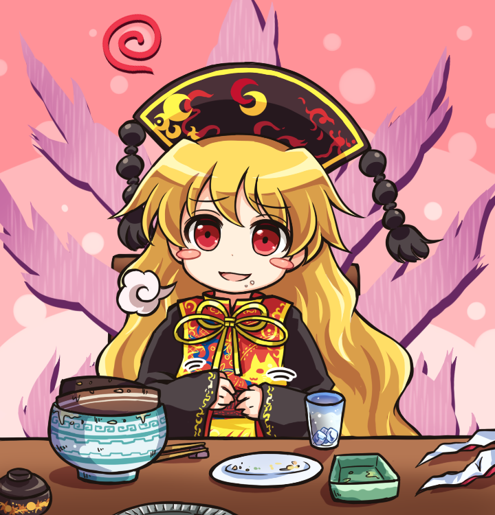1girl belly_rub black_dress blonde_hair blush_stickers bowl chinese_clothes cup dress drinking_glass empty food food_on_face hair_ornament junko_(touhou) long_sleeves looking_at_viewer open_mouth plate pote_(ptkan) red_eyes sash smile solo tabard touhou visible_air wide_sleeves