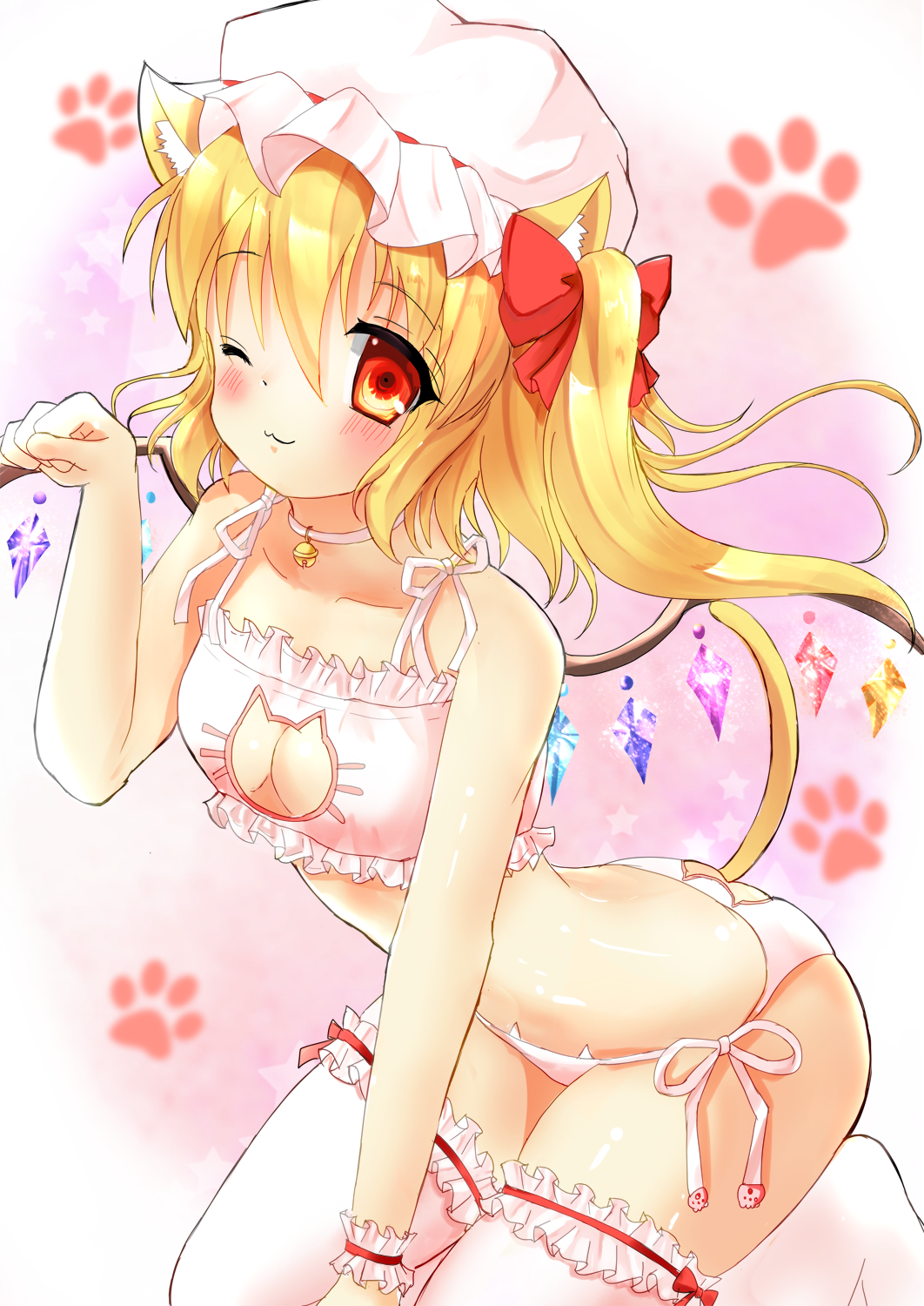 1girl ;3 alternate_costume animal_ears ass_cutout bell bell_choker blonde_hair blurry blush bow cat_cutout cat_ear_panties cat_ears cat_keyhole_bra cat_lingerie cat_tail choker cleavage_cutout closed_mouth collarbone crystal depth_of_field eyebrows eyebrows_visible_through_hair flandre_scarlet frills garters hair_between_eyes hair_bow hat hat_ribbon highres jingle_bell kneeling long_hair looking_at_viewer mob_cap mogupuchi navel one_side_up panties paw_pose paw_print red_bow red_ribbon ribbon side-tie_panties solo stomach tail thigh-highs touhou underwear underwear_only white_hat white_legwear white_panties wings wrist_cuffs