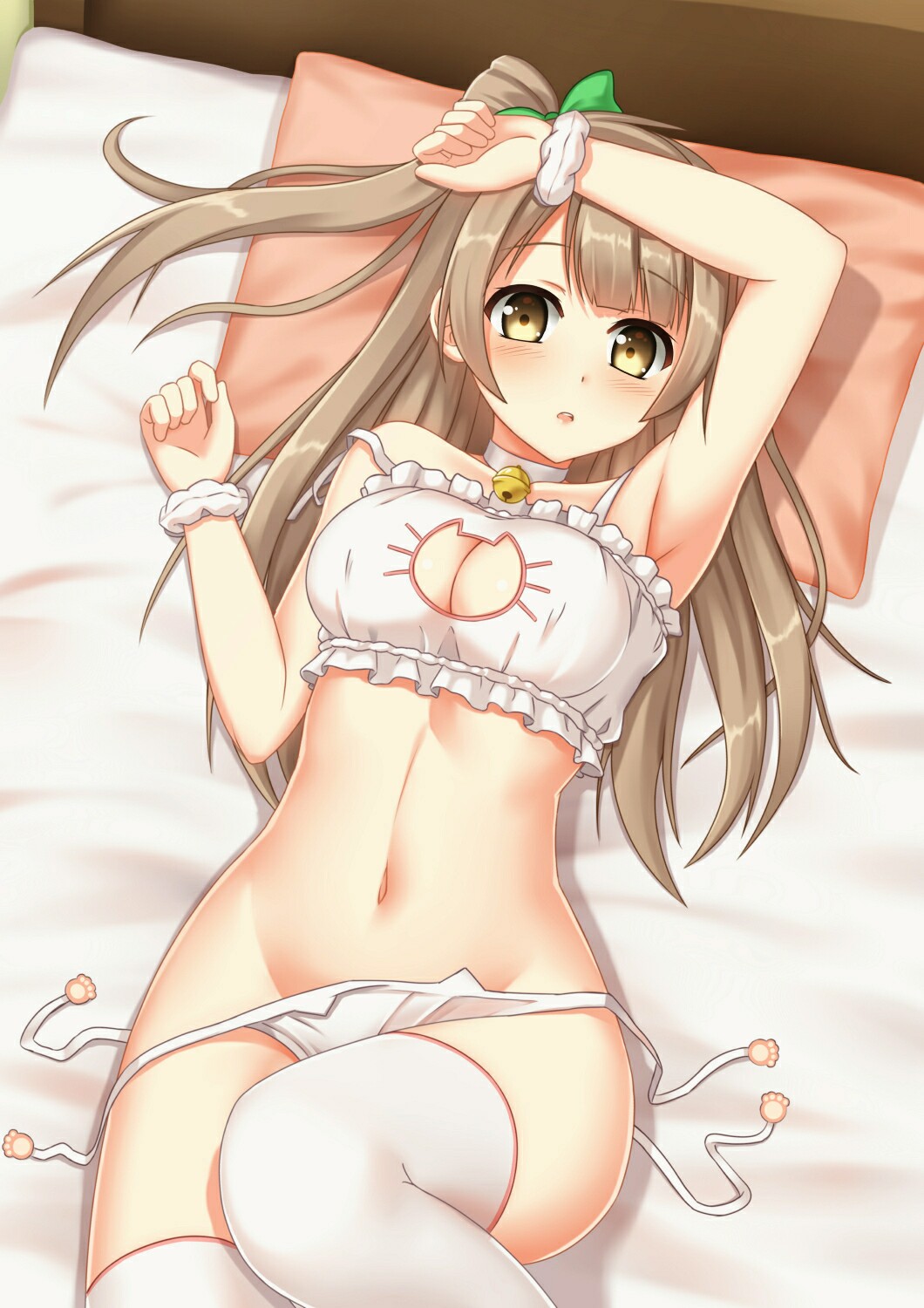 1girl alternate_costume armpits bangs bare_shoulders bed bell bell_choker blush bow breasts brown_hair cat_cutout cat_ear_panties cat_keyhole_bra cat_lingerie choker cleavage_cutout eyebrows eyebrows_visible_through_hair green_bow groin hair_bow highres jingle_bell kurisu-kun large_breasts long_hair looking_at_viewer love_live!_school_idol_project lying minami_kotori navel on_back on_bed one_side_up open_mouth panties paw_print pillow screencap scrunchie side-tie_panties solo stomach strap_slip thigh-highs underwear underwear_only white_legwear white_panties wrist_scrunchie yellow_eyes
