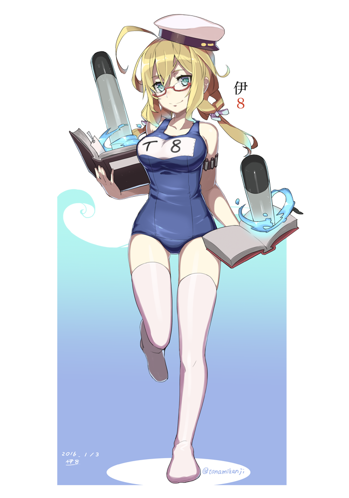 1girl ahoge arm_strap blonde_hair book bookmark breasts character_name dated glasses green_eyes holding holding_book i-8_(kantai_collection) kantai_collection long_hair low_twintails name_tag red-framed_glasses school_swimsuit semi-rimless_glasses smile solo standing_on_one_leg swimsuit thigh-highs tonami_kanji torpedo twintails twitter_username under-rim_glasses white_legwear