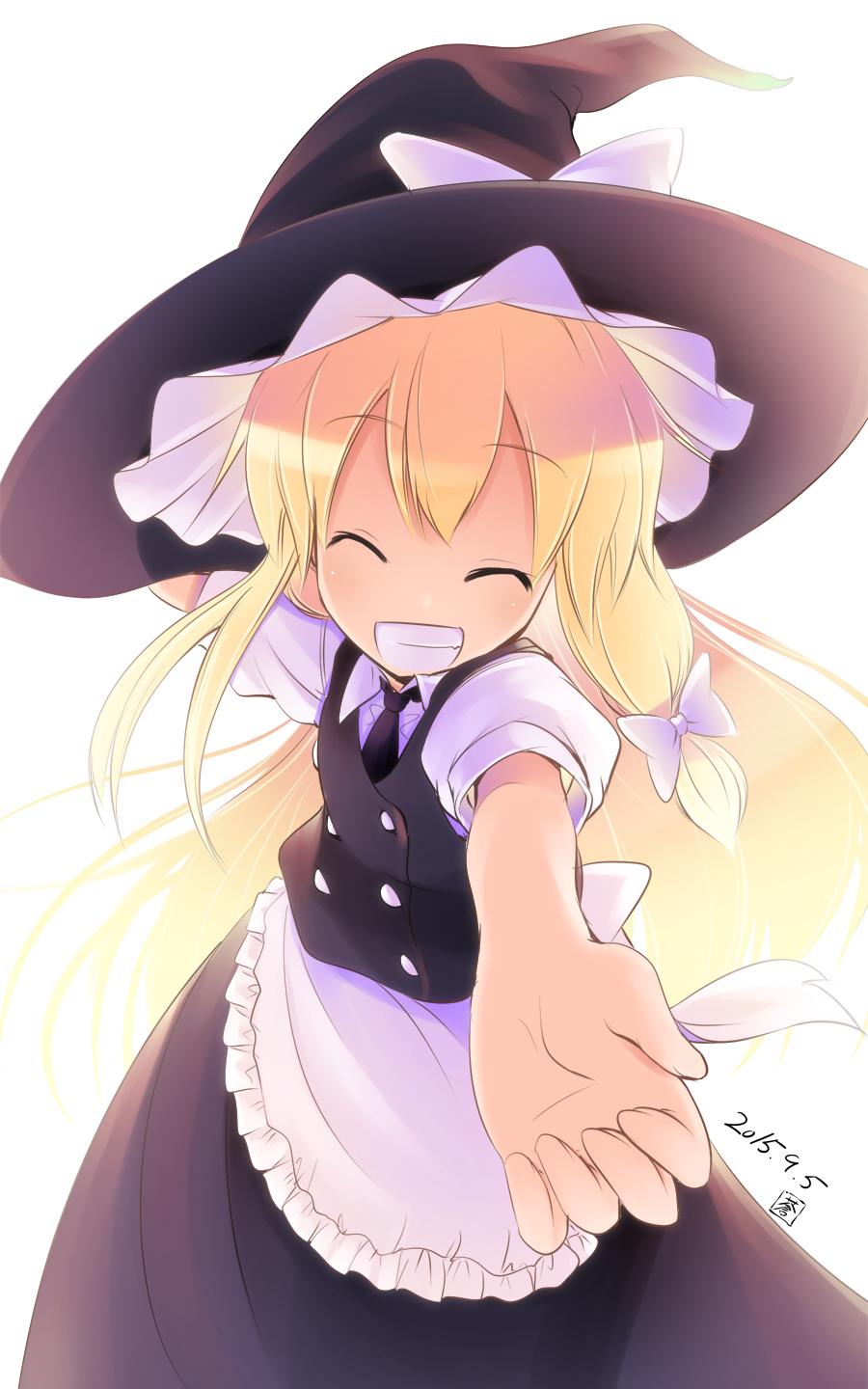 1girl aozora_market blonde_hair bow clenched_teeth grin hair_bow hat hat_bow highres kirisame_marisa long_hair outstretched_hand smile solo teeth touhou witch_hat