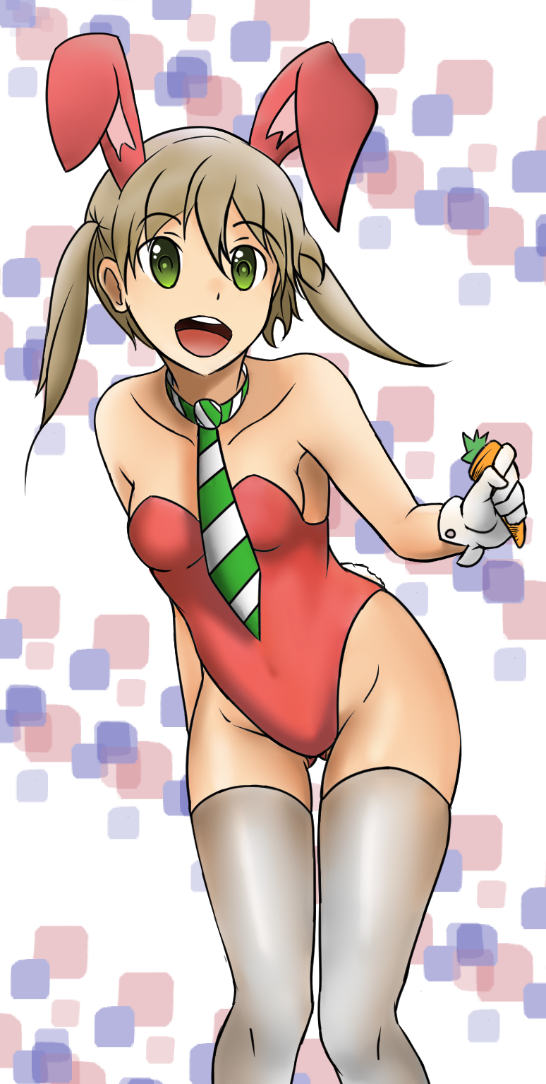 1girl animal_ears blonde_hair bunny_girl bunnysuit carrot colored gloves green_eyes maka_albarn navel necktie noir_(4chan) rabbit_ears small_breasts smile solo soul_eater tail thigh-highs