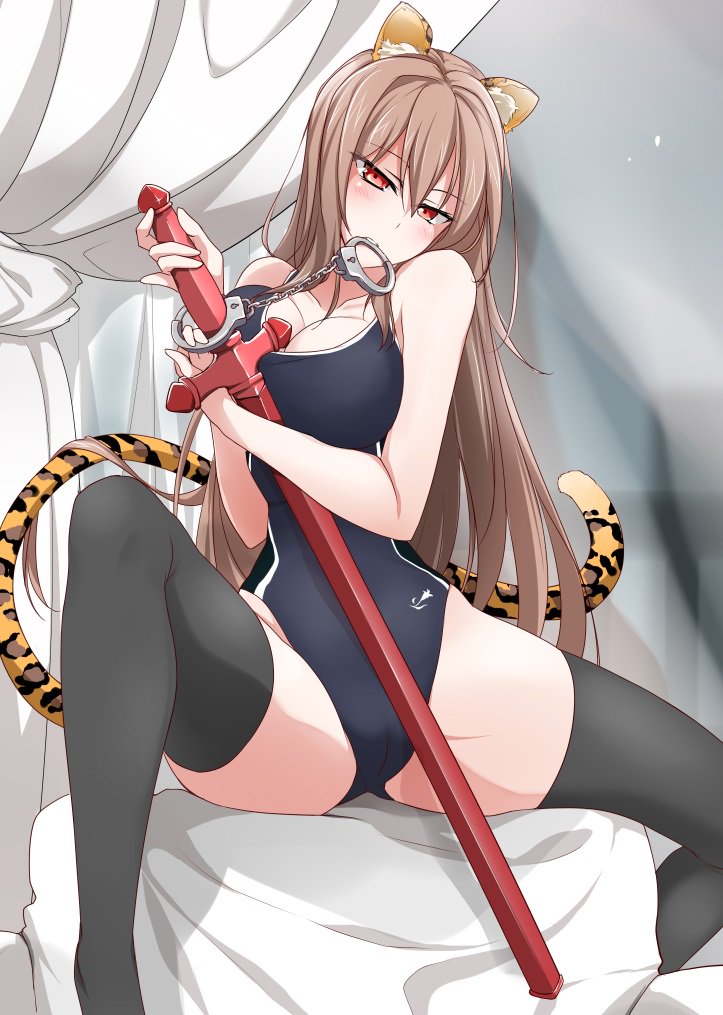 1girl animal_ears black_legwear breasts brown_hair cuffs handcuffs large_breasts lindoh_flores long_hair red-eyes_macadamiachoco red_eyes swimsuit sword tail thigh-highs tiger_ears tiger_tail weapon