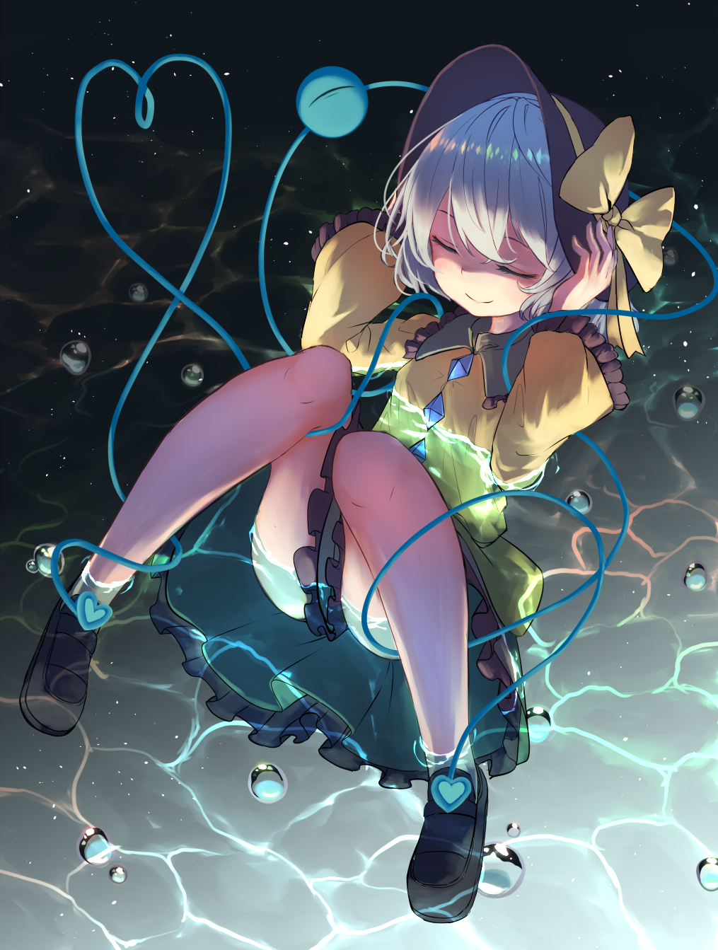 1girl air_bubble between_legs black_hat black_shoes bow buttons closed_eyes collar frilled_collar frilled_sleeves frills full_body green_skirt hair_between_eyes hat hat_bow heart heart_of_string highres holding holding_hat jacket knees_together_feet_apart komeiji_koishi loafers long_sleeves lying no_legwear on_back partially_submerged pyonsuke_(pyon2_mfg) shoes short_hair silver_hair skirt smile solo string thighs third_eye touhou water water_surface yellow_bow yellow_jacket