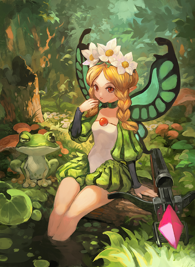 1girl blonde_hair bow_(weapon) braid butterfly_wings crossbow fairy flower frog hair_flower hair_ornament ingway_(odin_sphere) lack long_hair mercedes odin_sphere pointy_ears puffy_sleeves red_eyes tongue tongue_out twin_braids weapon wings