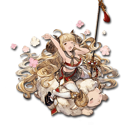 1girl anila_(granblue_fantasy) bell blonde_hair breasts full_body granblue_fantasy horns large_breasts long_hair lowres midriff minaba_hideo miniskirt naginata official_art polearm riding sheep sheep_horns skirt smile solo spear stretch thigh-highs transparent_background weapon yawning zettai_ryouiki zouri