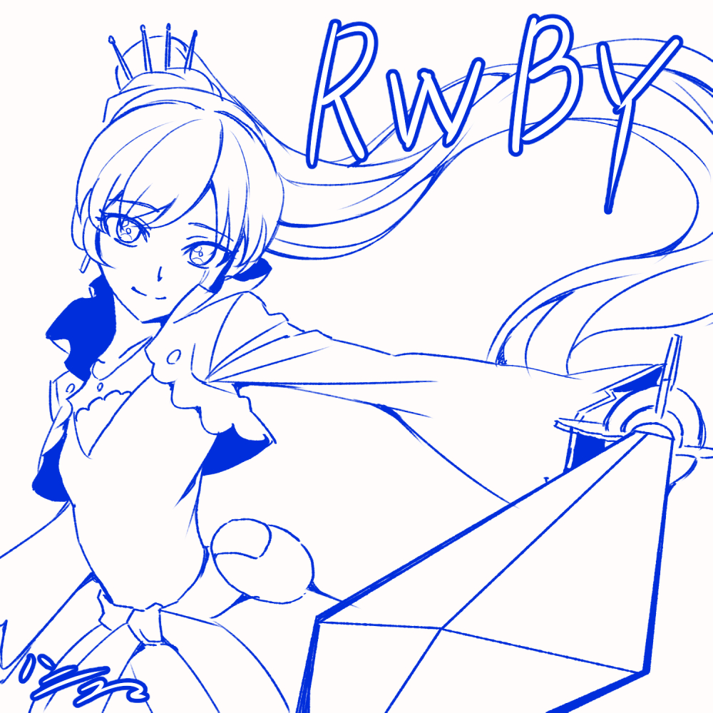 1girl artist_name belt blue copyright_name cropped_jacket earrings h-new high_collar jewelry lineart long_hair long_sleeves monochrome necklace pendant ponytail rapier rwby scar scar_across_eye side_ponytail signature smile solo sword tiara weapon weiss_schnee wide_sleeves
