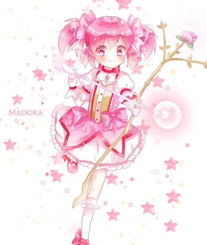 blush bow_and_arrow dress kaname_madoka magical_girl mahou_shoujo_madoka_magica pink_eyes pink_hair short_hair smile twintails