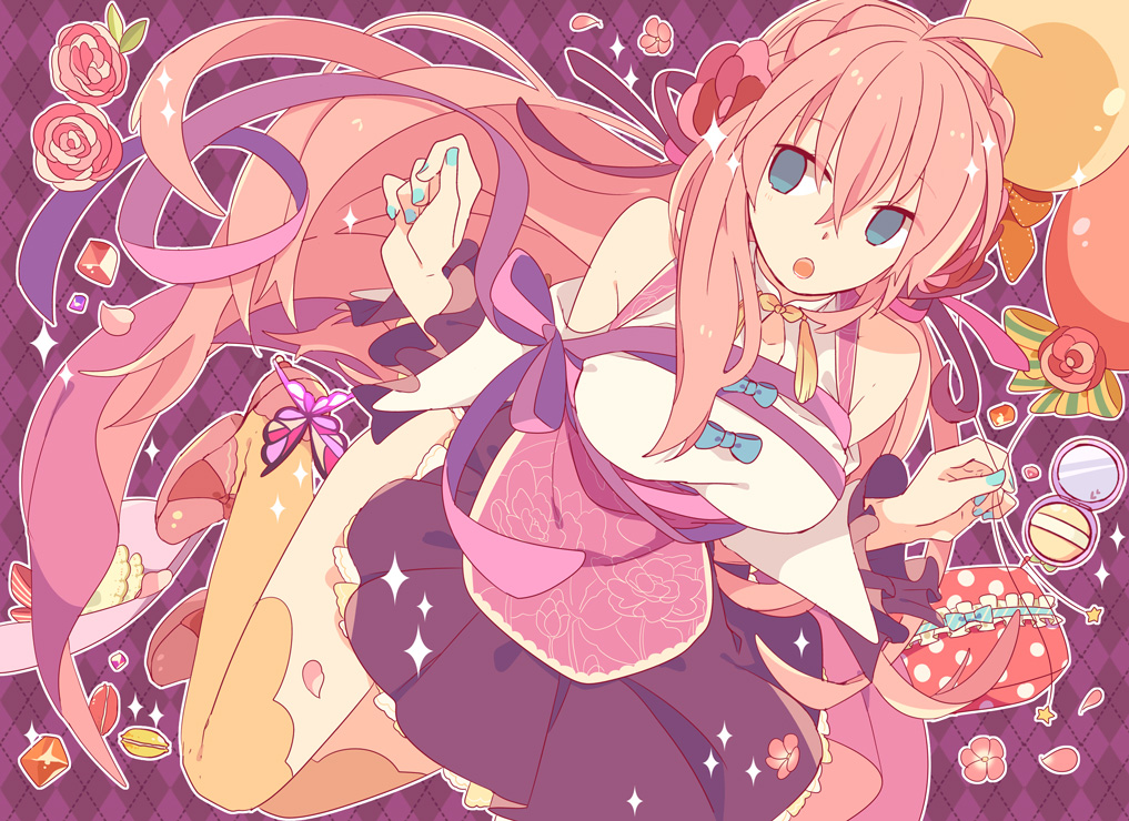 1girl :o ahoge balloon bare_shoulders blue_eyes breasts butterfly_ornament commentary_request detached_sleeves fingernails flower frilled_sleeves frills hair_flower hair_ornament large_breasts long_hair looking_to_the_side makeup megurine_luka nail_polish petals pink_hair ribbon shoes skirt solo sparkle thigh-highs very_long_hair vocaloid yellow_legwear yoshiki