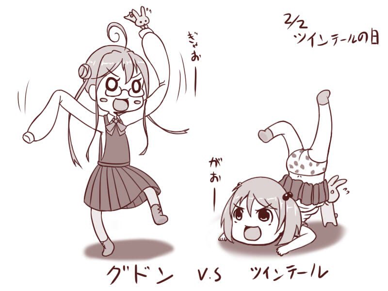 ahoge bangs blush_stickers commentary_request double_bun dress glasses grin hair_bobbles hair_ornament kantai_collection legs_over_head makigumo_(kantai_collection) oversized_clothes panties rabbit sazanami_(kantai_collection) sazanami_konami sidelocks sketch smile translation_request twintails underwear