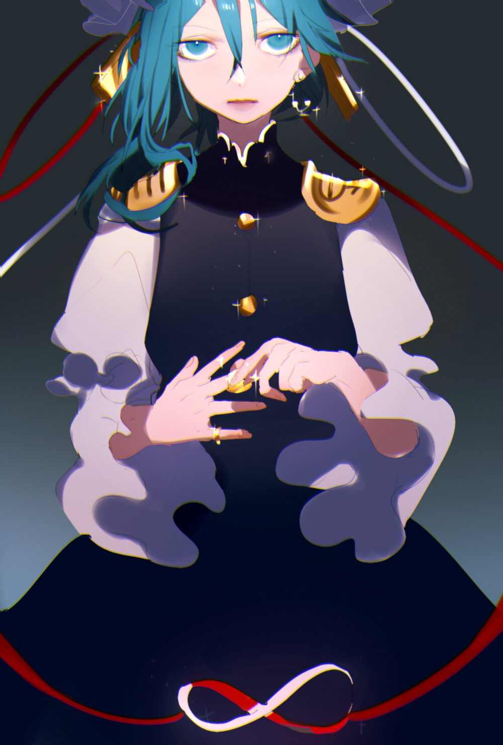 1girl asymmetrical_hair blue_eyes blue_hair buttons closed_mouth cowboy_shot dress earrings epaulettes gradient gradient_background hair_between_eyes hair_ornament hat highres infinity jewelry long_hair long_sleeves looking_at_viewer red_lips red_ribbon ribbon ring shiki_eiki sketch small_breasts solo sparkle tian_(my_dear) touhou wide_sleeves