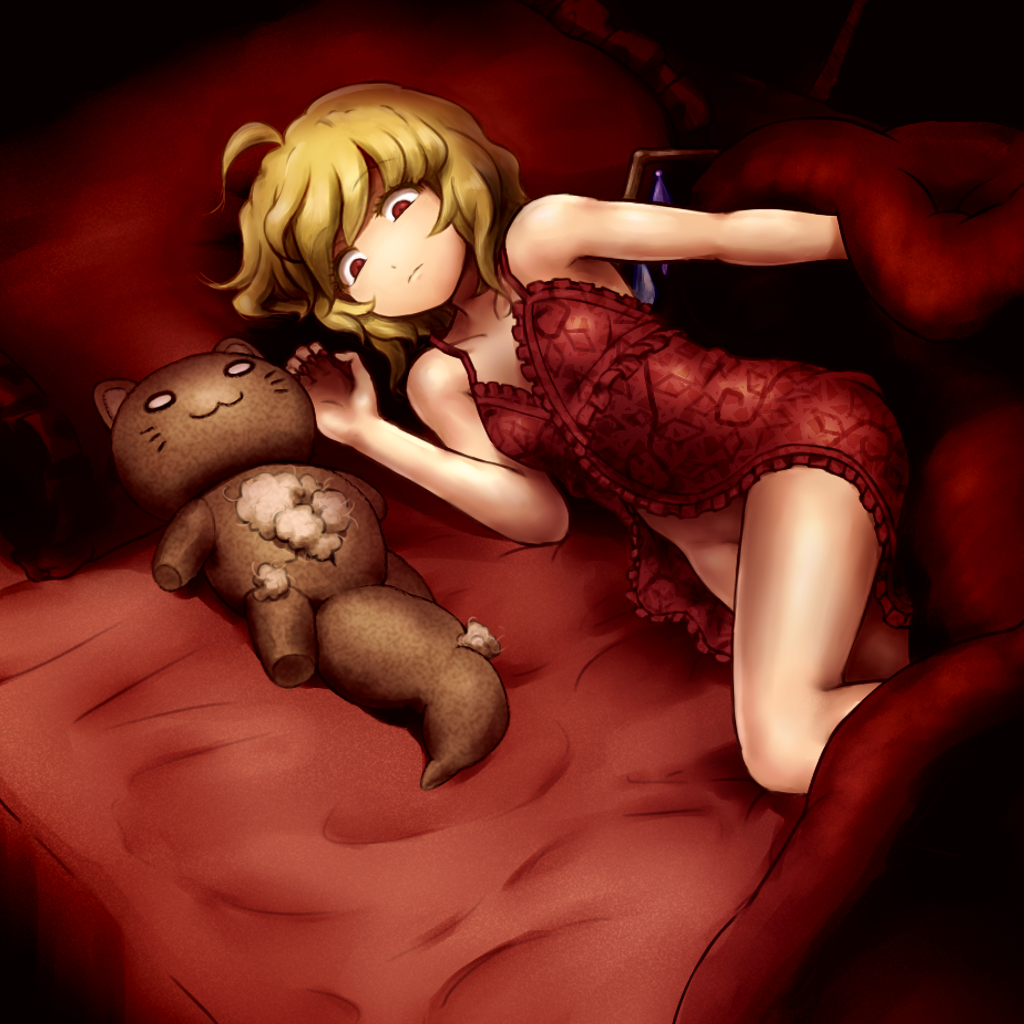 1girl :3 bare_arms bare_legs bare_shoulders bed blonde_hair canopy_bed collarbone flandre_scarlet lifting_covers looking_at_viewer lying nightgown no_panties on_bed on_side pillow red_eyes shirosato solo stuffed_animal stuffed_toy stuffing touhou wings