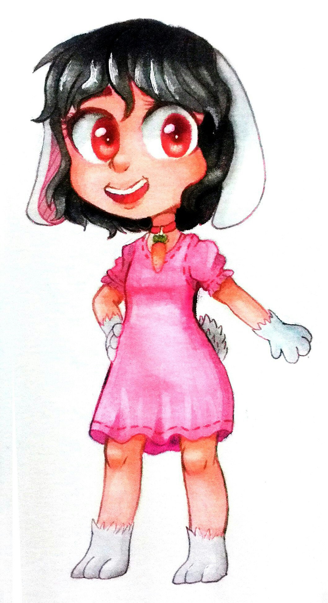 1girl black_hair carrot dress inaba_tewi open_mouth pink_dress rabbit rabbit_ears red_eyes short_hair solo touhou traditional