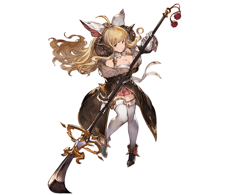 1girl anila_(granblue_fantasy) bell blonde_hair boots breast_press breasts full_body fur_trim gloves granblue_fantasy horns large_breasts long_coat long_hair minaba_hideo miniskirt naginata official_art polearm sheep sheep_horns skirt smile solo spear thigh-highs transparent_background weapon