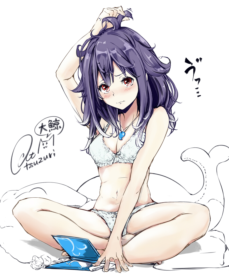 1girl ahoge arm_up artist_name bare_shoulders blush bra breasts cleavage hair_down indian_style jewelry kantai_collection messy_hair nave necklace panties purple_hair red_eyes simple_background sitting solo stuffed_whale taigei_(kantai_collection) underwear underwear_only wavy_mouth white_background white_bra white_panties