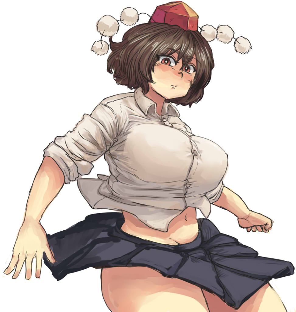 1girl black_skirt breasts brown_hair chanta_(ayatakaoisii) collared_shirt cowboy_shot expressionless hat huge_breasts large_breasts looking_at_viewer midriff navel no_panties open_hand outstretched_arm red_eyes shameimaru_aya shirt short_hair simple_background skirt skirt_lift sleeves_rolled_up solo sweatdrop taut_clothes taut_shirt thick_thighs thighs tokin_hat touhou white_background white_shirt
