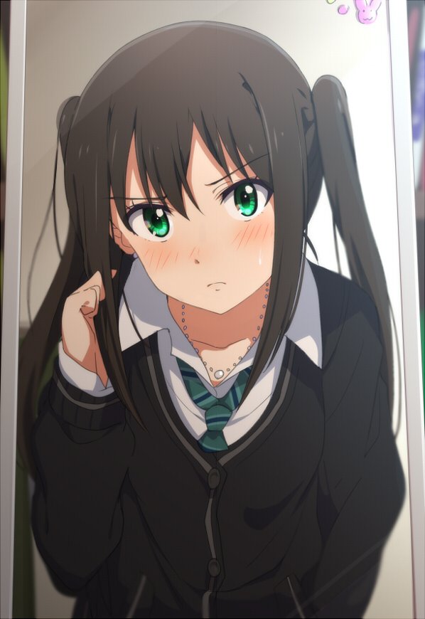 1girl alternate_hairstyle blush brown_hair cardigan green_eyes jewelry long_hair looking_at_viewer mirror necklace necktie ogipote school_uniform shibuya_rin solo twintails twintails_day