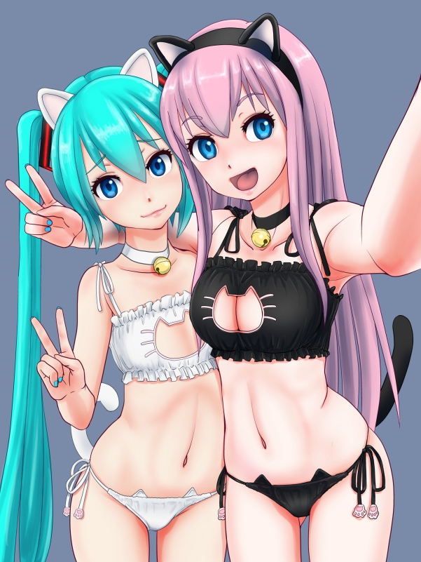 2girls :3 :d alternate_costume animal_ears aqua_hair aqua_nails arm_around_shoulder armpits ass_visible_through_thighs bell bell_choker black_panties blue_background breasts cat_cutout cat_ear_panties cat_ears cat_keyhole_bra cat_lingerie cat_tail choker cleavage_cutout closed_mouth collarbone cowboy_shot eyebrows eyebrows_visible_through_hair eyelashes fake_animal_ears flat_chest frills hair_between_eyes hatsune_miku jingle_bell large_breasts legs_apart long_hair looking_at_viewer looking_to_the_side megurine_luka multiple_girls nail_polish navel o-minato open_mouth panties paw_print pink_hair pink_lips self_shot side-tie_panties simple_background smile stomach tail twintails underwear underwear_only v very_long_hair vocaloid white_panties