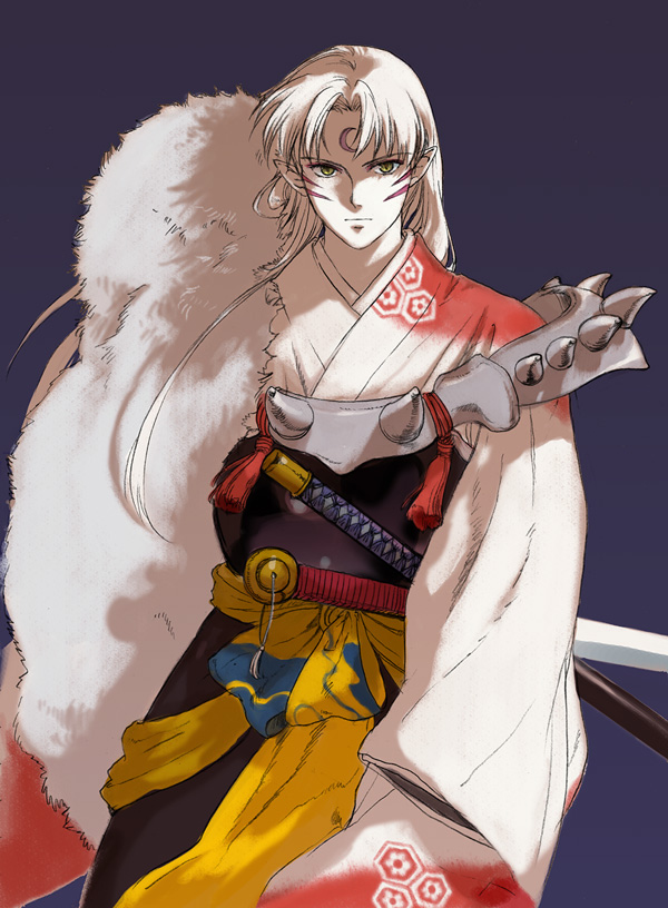 1boy armor blue_background facial_mark forehead_mark fur_trim inuyasha japanese_clothes kimono long_hair looking_at_viewer male_focus niko_(silent.whitesnow) pointy_ears ribbon sesshoumaru simple_background solo sword weapon white_skin wide_sleeves yellow_ribbon