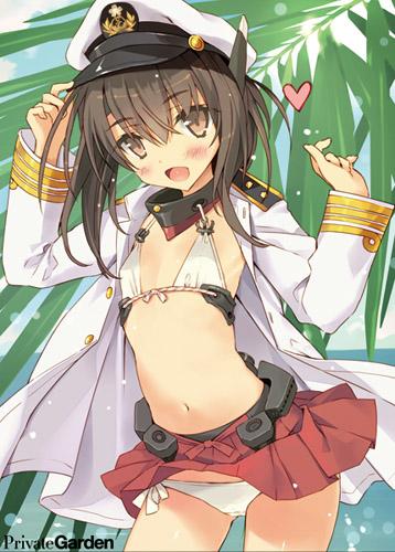 1girl admiral_(kantai_collection)_(cosplay) blush bra brown_eyes brown_hair commentary_request cosplay flat_chest hat headgear heart kantai_collection looking_at_viewer lowres military military_uniform navel open_clothes open_mouth panties peaked_cap pleated_skirt short_hair side-tie_panties skirt smile solo taihou_(kantai_collection) tsurusaki_takahiro underwear uniform white_bra white_panties